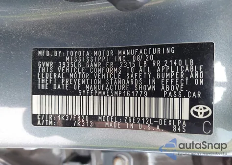 2021 Toyota Corolla Le from USA, damaged, VIN 5YFEPMAE5MP161779